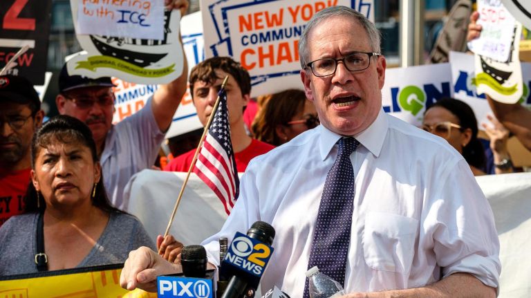 Comptroller Scott Stringer speaks at a protest&nbsp;at the Javits Conventional Center on July 17, 2018.