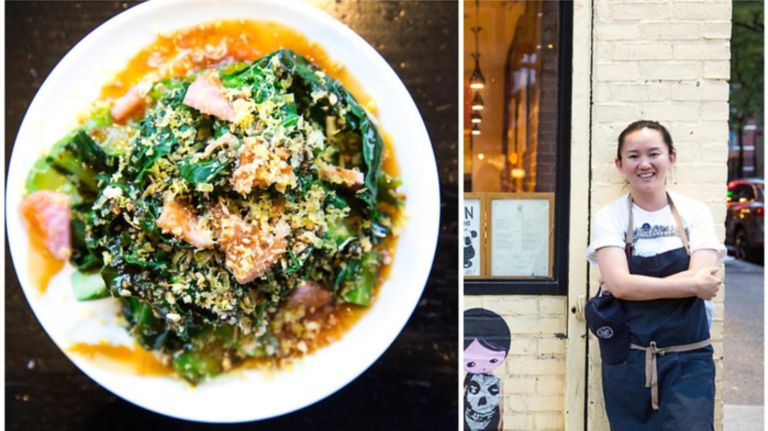Chef Simone Tong of Little Tong Noodle Shop has been named a StarChefs 2019 New York City Rising Star. Her chicken broccoli salad dish is at left.&nbsp;