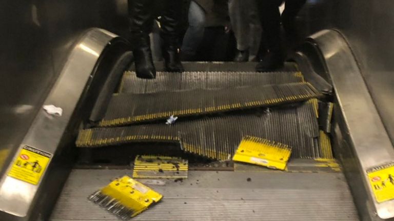 Subway escalator malfunctions, shatters at midtown E train station 2 A commuter captured this image of a mangled escalator at the Fifth Avenue-53rd Street subway station on Monday, Feb. 25.