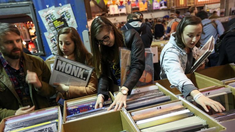 Record Store Day returns on April 13. Pictured, vinyl enthusiasts on the hunt at Rough Trade in Williamsburg in 2018.