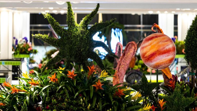 Flower display at the Journey to Paradisios show of the Macy's Flower show in Manhattan, March 21, 2019. Note: There were no set up photos of the show since they set up at 2am. They were not completely set up.