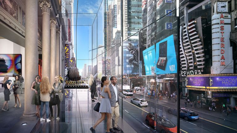 The glass box will jut out 12 feet above the sidewalk on 42nd Street while showing off the original columns.