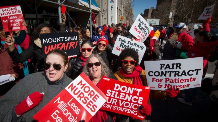 Members of the New York State Nurses Association protested outside Mount Sinai Hospital on the Upper East Side on Monday.