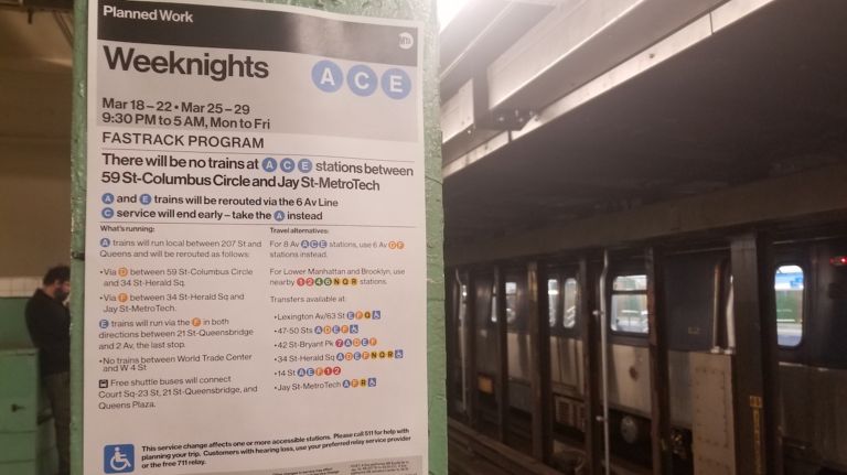 MTA FastTrack repairs will snarl weeknight service on the A, C and E lines through Friday.