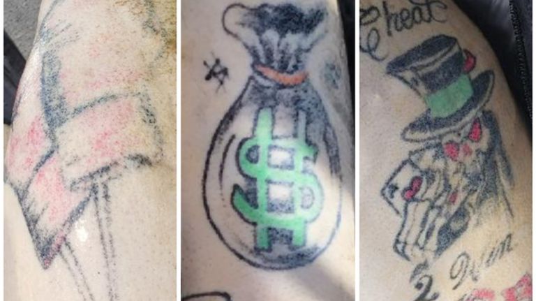 The man has tattoos of&nbsp;boxing gloves,&nbsp;a money bag&nbsp;and a skeleton playing cards on his arms, police said.