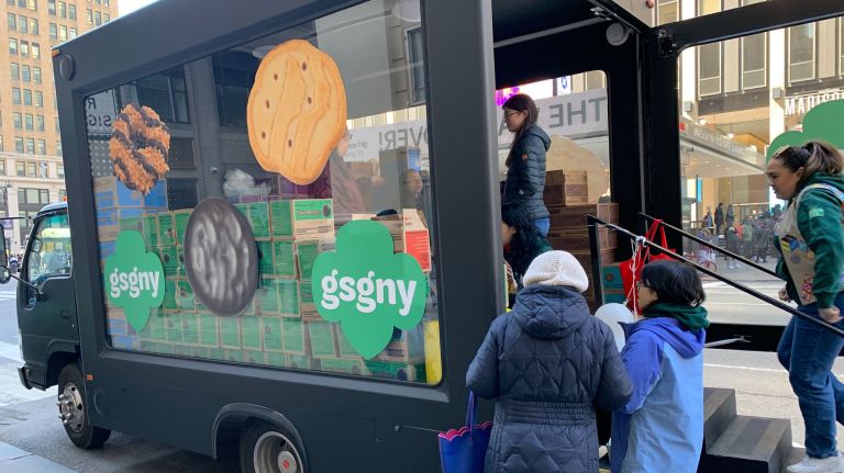 Girls Scouts will be selling cookies in different areas of New York City from a special truck. On Sunday,&nbsp;the truck was&nbsp;parked outside of Penn Station on Seventh Avenue.