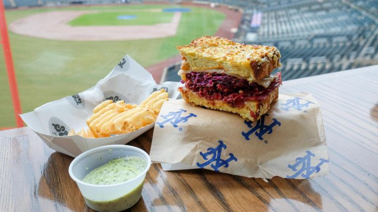 Citi Field ups its 2019 food game with dumplings and pizza cupcakes 9 Stuf'd Reuben is topped with purple slaw.