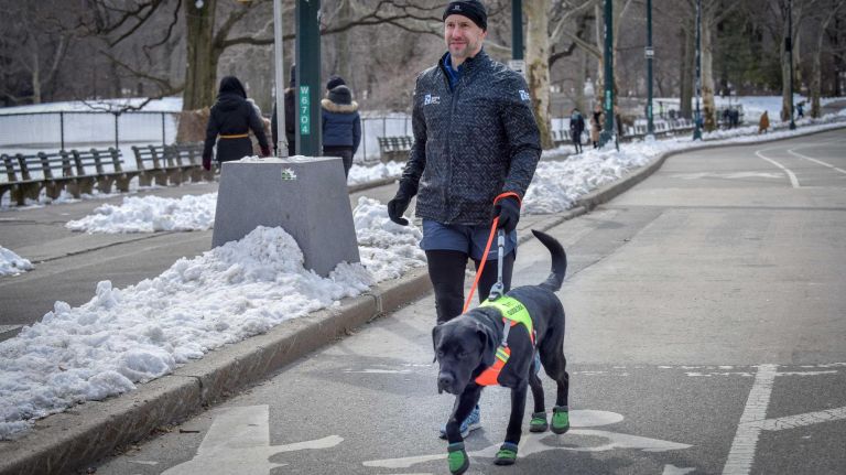 Thomas Panek trains in Central Park&nbsp;with Westley, one of three guide dogs leading&nbsp;him through Sunday's New York City&nbsp;Half Marathon.