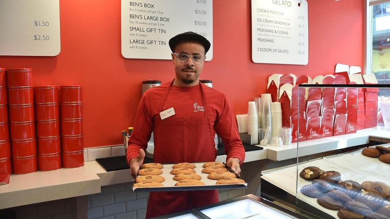 International chain restaurants are choosing NYC as an entry point into the U.S. 2 At Ben's Cookies, which opened its NYC storefront near Union Square, employee Rick Jones holds some of those