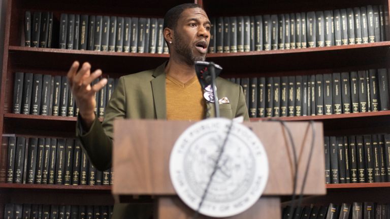 Jumaane Williams holds his first solo news conference&nbsp;as NYC Public Advocate in lower Manhattan on Thursday.