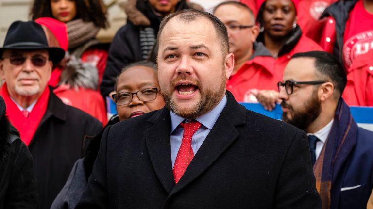 Corey Johnson during a rally on the City Hall steps on&nbsp;Dec. 20, 2018.