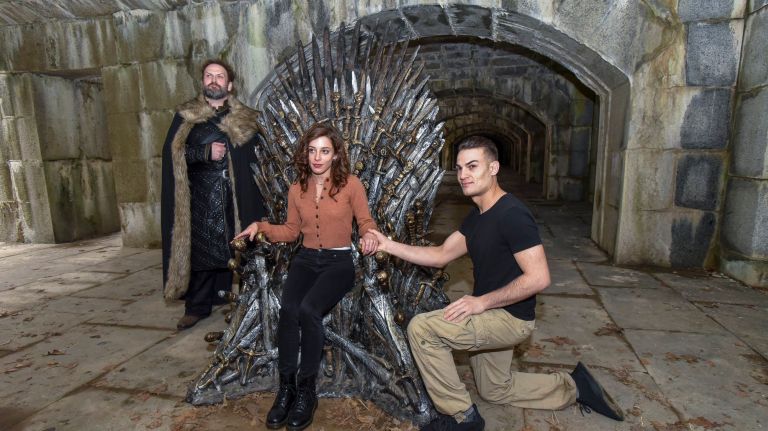 The Iron Throne is in NYC: Hidden 'Game of Thrones' replica found in Queens park 2 Francesca Lucania, 24, and Austin Cooper, 25, of Whitestone, sit on the Iron Throne replica hidden by HBO to promote the final season of "Game of Thrones" in Fort Totten Park.