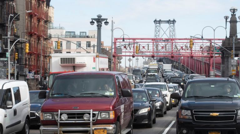 Vehicles arrive in Manhattan after crossing the Williamsburg Bridge in Manhattan on Feb. 26, 2019.