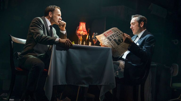 Jonny Lee Miller, left, plays Larry Lamb and Bertie Carvel is Rupert Murdoch in the Broadway drama "Ink."