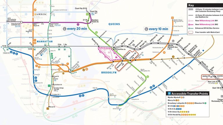 The MTA released a map of L train service changes and alternatives for commuters to reference during the Canarsie Tunnel rehabilitation project, which starts April 26.