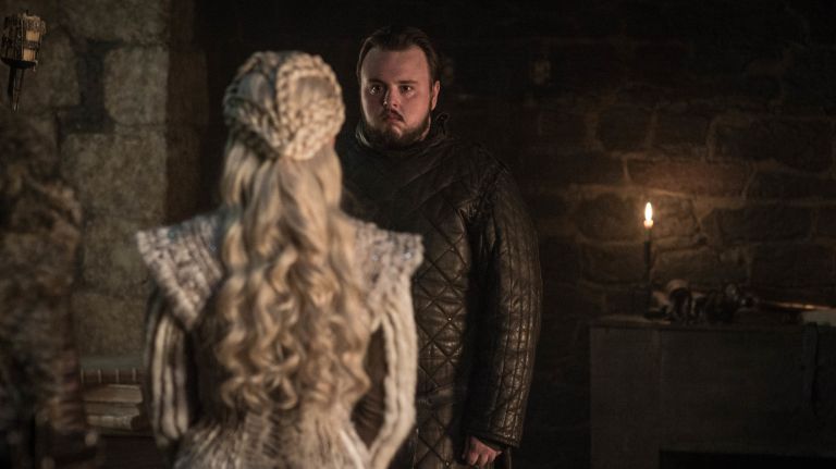 John Bradley's Sam clashed with Daenerys (played by Emilia Clarke, left) and delivered important news to Jon Snow (Kit Harington) in season 8, episode 1.