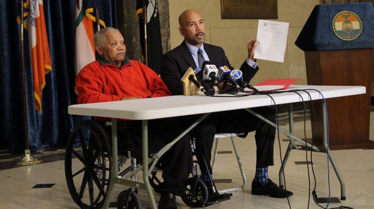 Bronx Borough President Ruben Diaz Jr. held a news conference Thursday over NYCHA's eviction of&nbsp;Bienvenido Martinez, left, while he recovered from above-the-knee amputation surgery.&nbsp;