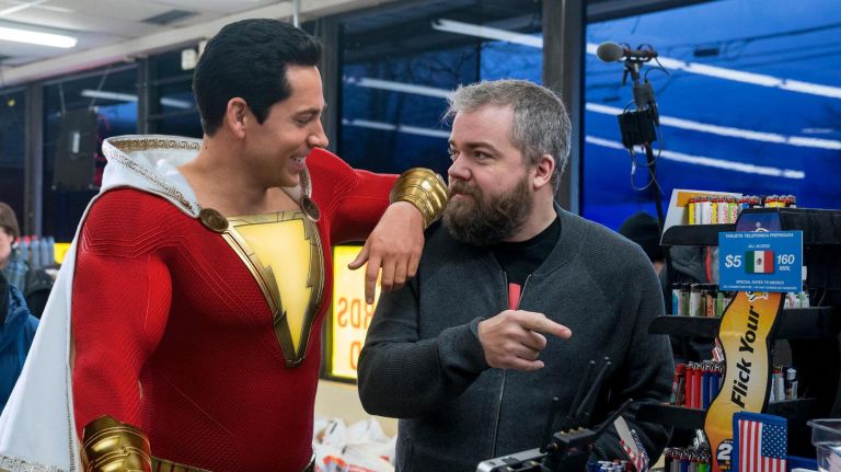 Zachary Levi, left, and&nbsp;director David F. Sandberg behind the scenes on&nbsp;