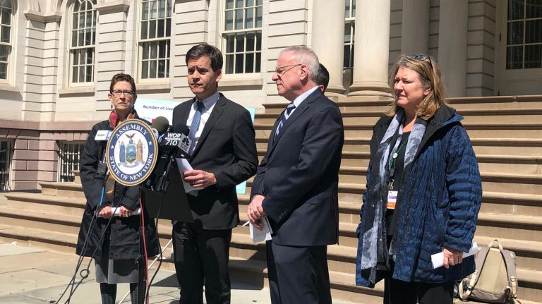 State Sen. Brad Hoylman, center, and Assemb. Jeffrey Dinowtiz, right, are each sponsoring a bill that would eliminate religious exemptions for vaccines in New York.