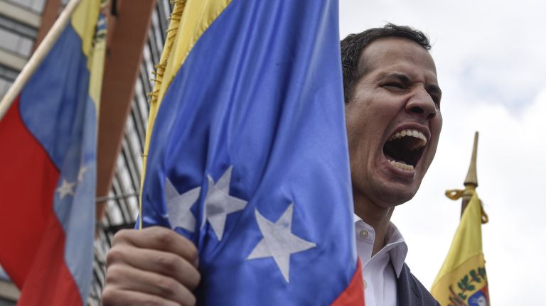 Juan Guaido, president of the National Assembly, yells during a pro-opposition rally in Caracas, Venezuela, on&nbsp;Jan. 23, 2019.