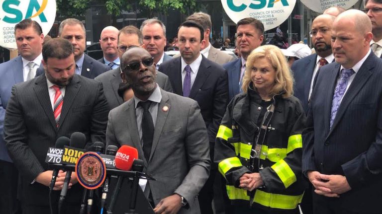 City Councilman I. Daneek Miller speaks during Wednesday's rally across from the National September 11 Memorial and Museum in lower Manhattan.