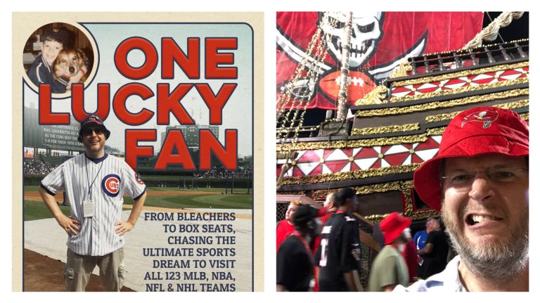 Rich O'Malley, right, author of the upcoming book "One Lucky Fan," left, poses with the Tampa Bay Buccaneers' pirate ship at Raymond James Stadium.