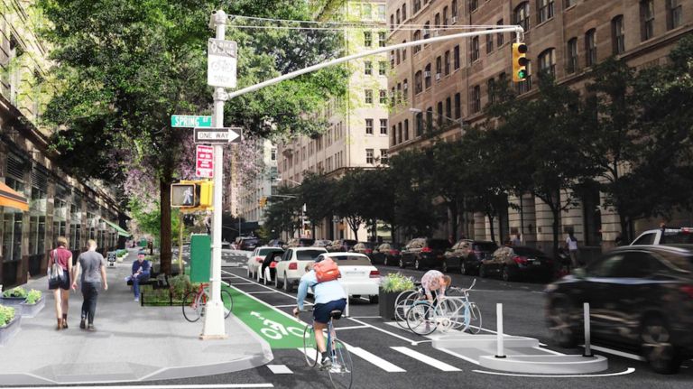 A parking-protected bike lane is also part of the Hudson Street project, conceptual renderings show.