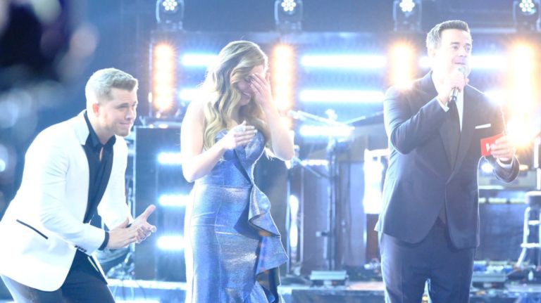 Gyth Rigdon, Maelyn Jarmon, Carson Daly react to&nbsp;Jarmon's win.&nbsp;