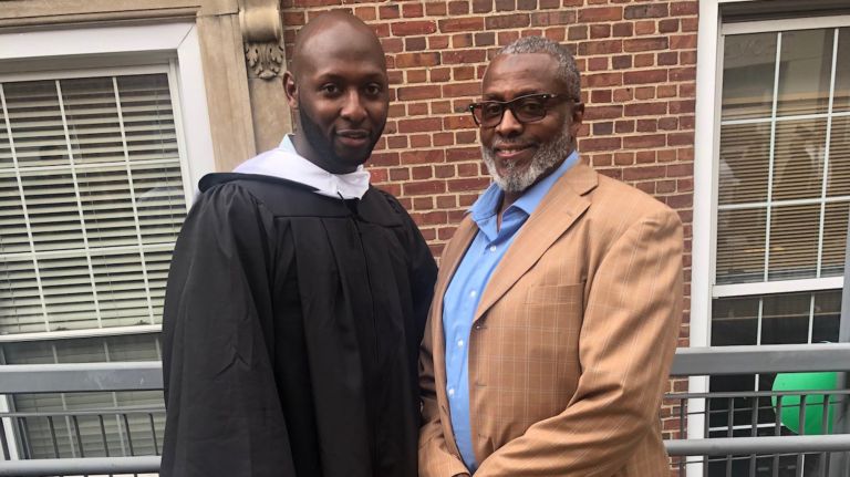 Devon Greene, left, is the first formerly incarcerated person to graduate from Manhattan College via the&nbsp;Engaging, Educating, Empowering Means Change program.