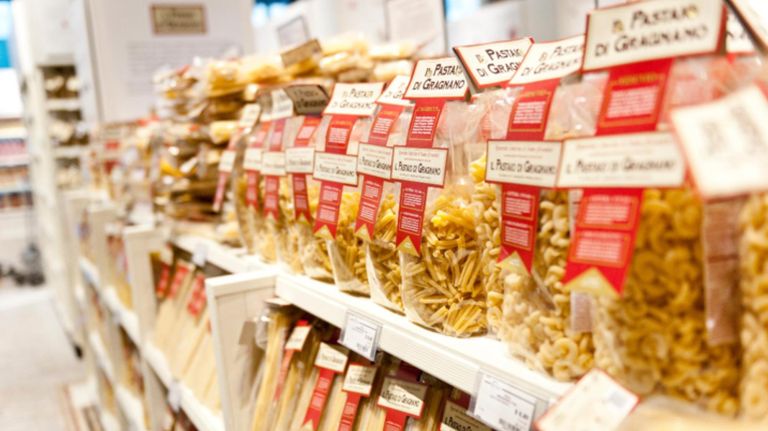 NYC markets update the classic food court with international flavors 3 Eataly features an abundance of pasta options for sale.