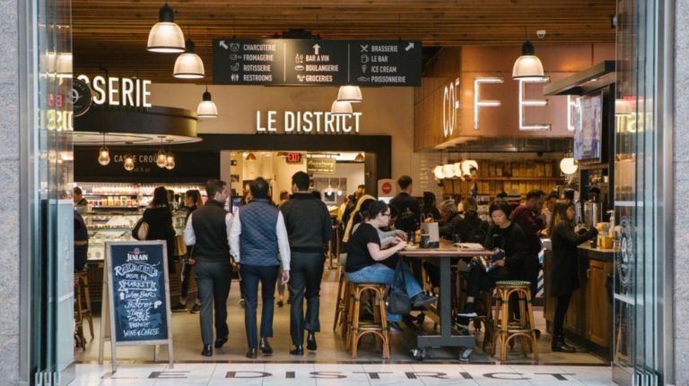 NYC markets update the classic food court with international flavors 4 Le District is made up of a cafe, market, restaurant and garden.