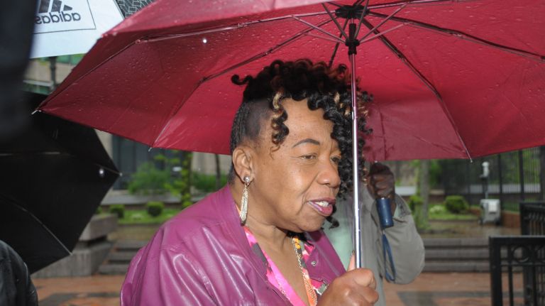 Gwen Carr, Eric Garner's mother,&nbsp;arrives at One&nbsp;Police Plaza for the departmental trial on Monday in Manhattan.