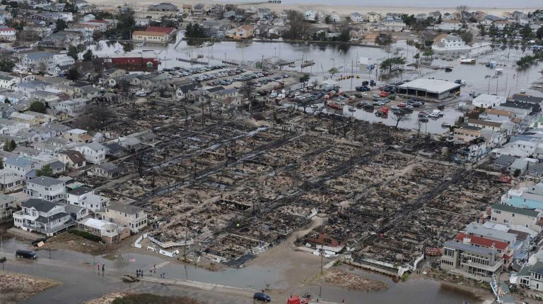 An aerial photo of the Breezy Point area of Queens in October 2012 shows the devastation of superstorm Sandy.