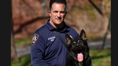 Det. Wayne Rothschild of the NYPD's Transit Canine Unit poses with his partner, Cowboy.   