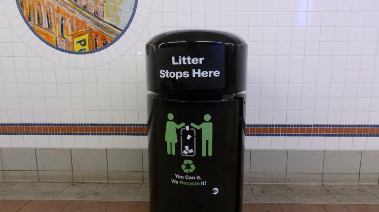 A recently returned trash can at the Eight Street R subway station in Manhattan on&nbsp;March 28, 2017.