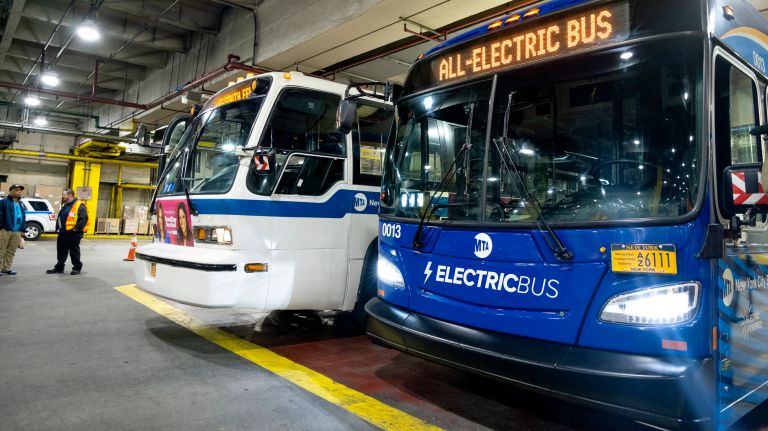 The older RTS bus, left, is pictured next to its newer, all-electric replacement.