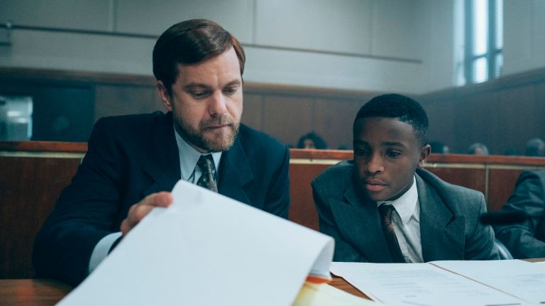 Joshua Jackson as Mickey Joseph and Caleel Harris as young Antron McCray in "When They See Us."&nbsp;