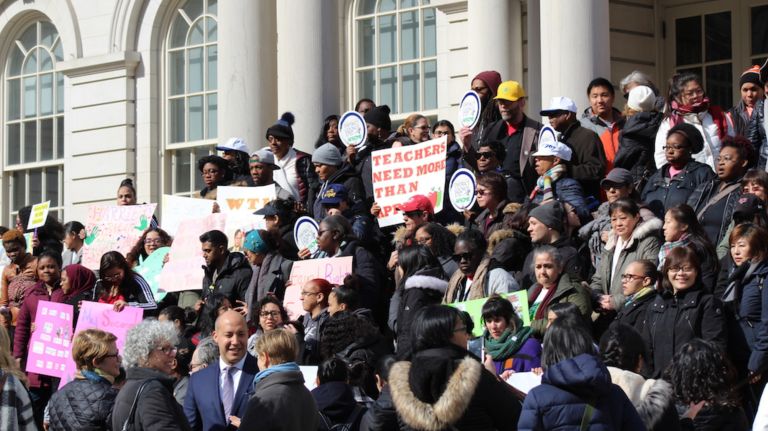 Early childhood education providers rallied at City Hall on March 20 to call for salary&nbsp;parity.&nbsp;