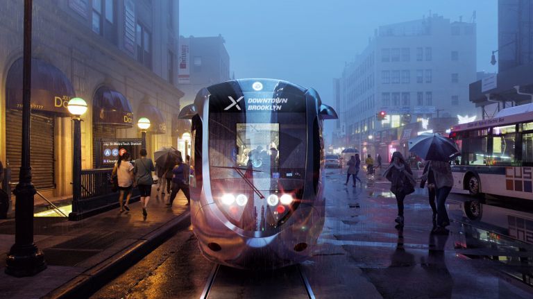 A rendering of the BQX, which was initially planned to terminate in Sunset Park, not Red Hook, Brooklyn.