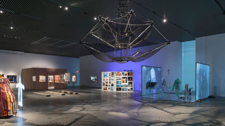 A lotus flower sculpture made from material used to create suicide-prevention netting in China, by artist Tahir Carl Karmali, 32, of Greenpoint is on display at The Shed.&nbsp;