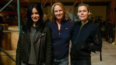 Krysten Ritter, Melissa Rosenberg and Rachael Taylor film the final season of "Jessica Jones." 