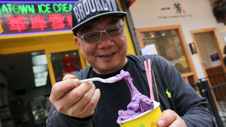Chinatown Ice Cream Factory has been serving its Asian-inspired flavors - here,&nbsp;Edward Chen of Fort Lee, holds a&nbsp;cup of taro - since 1978.