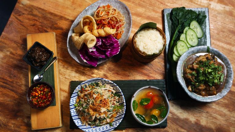 In Laos, dishes are served all at once, Schwader says. 
