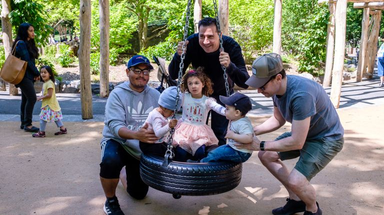 Being a stay-at-home dad is on-trend - and 'it's amazing' 2 From left: Dads Xavier Rojas, Lance Somerfeld, and Robert Payne swing their children in Central Park last month.