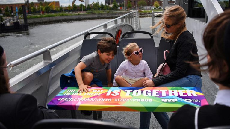 Dedicated Pride Vessel is shuttling around NYC Ferry commuters 3 Mom Hedy Felt of the East Village commutes with Will Felt, 5, Juliet Felt, 3, on Friday.