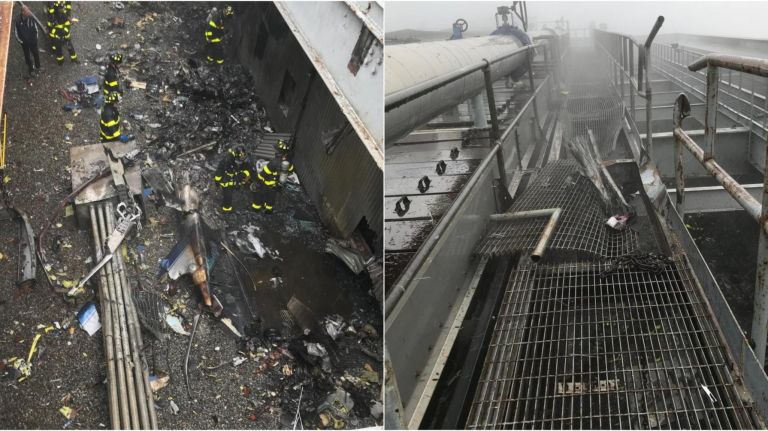 Following a deadly crash, pieces of the wrecked helicopter are strewn across the roof of 787 Seventh Ave. in midtown.