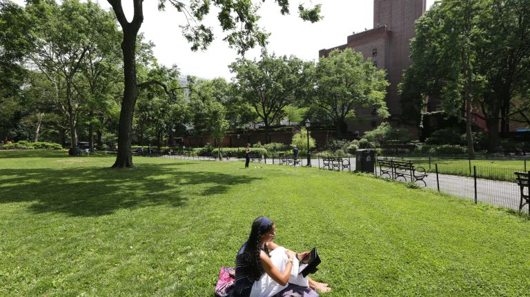 Tiffany Jones reads in Theodore Roosevelt Park, behind the American Museum of Natural History, on Friday.