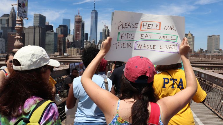More than 100 New Yorkers gathered for the March for Healthy School Food in NYC.