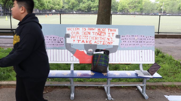 Brooklyn students tackle social ills, one bench at a time 3 One of the murals created by Brooklyn middle schoolers as part of the Center for Educational Innovation's "BENCHMARKS" project.
