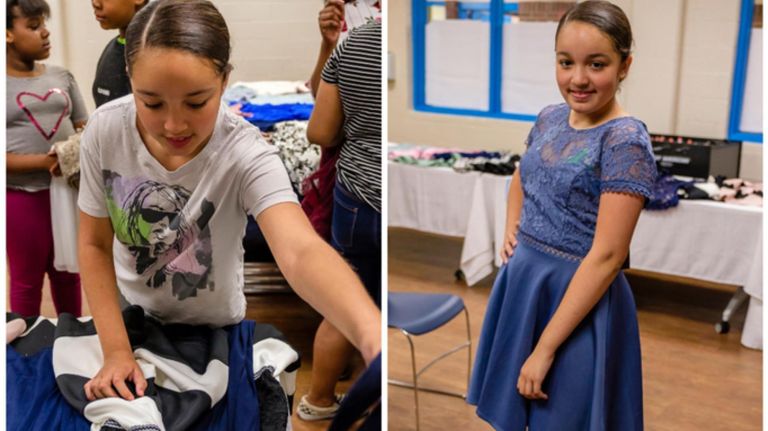 Hailene, 11, chose a blue dress with lace&nbsp;at the Believe in Yourself dress giveaway in the Bronx on Tuesday.